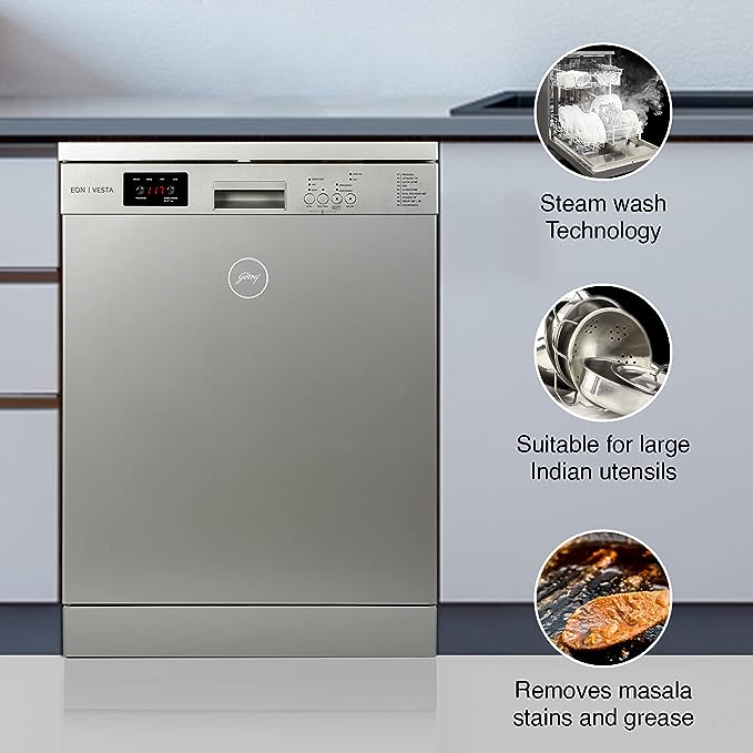 Godrej Eon Dishwasher | Steam Wash Technology |13 place setting |Perfect for Indian Kitchen| A+++ Energy rating | DWF EON VES 13Z SI STSL- Satin Silver Godrej Eon Dishwasher | Steam Wash Technology |13 place setting |Perfect for Indian Kitchen| A+++ Energy rating | DWF EON VES 13Z SI STSL- Satin Silver